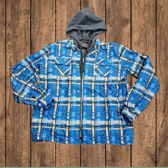 Men's Zip up Quilted Lined Button Down Plaid Jacket with Hood Blue L - Picture 2 of 9
